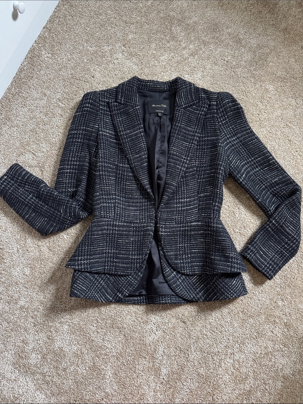 Massimo Dutti Women's Black & Gray Plaid Tweed Peplum Blazer